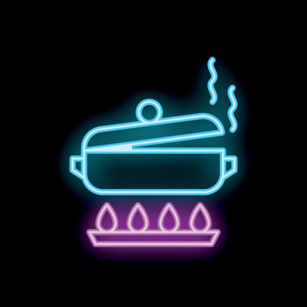 Saucepan with steam on a burning stove neon sign on black background vector