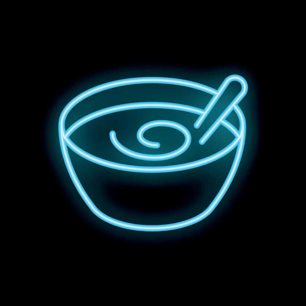 Neon blue soup bowl with spoon stirring on black background vector