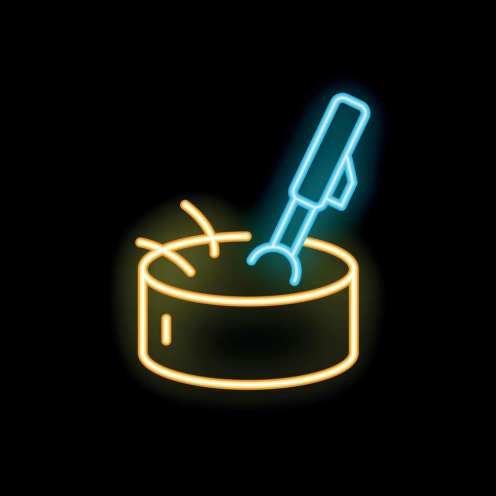 Neon icon of drumsticks hitting drum on black background vector