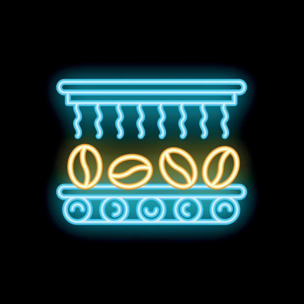 Neon sign of coffee bean roasting process with conveyor belt vector