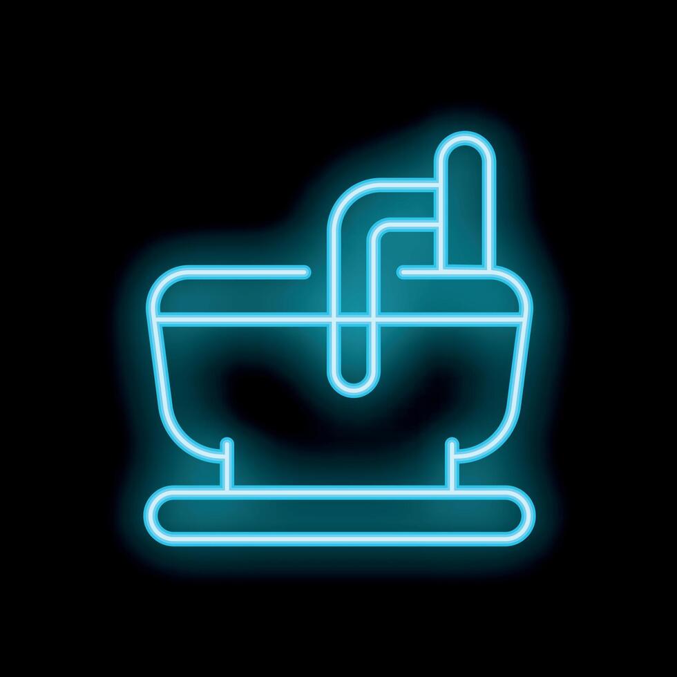 Glowing neon bathtub icon with water running and towel hanging vector