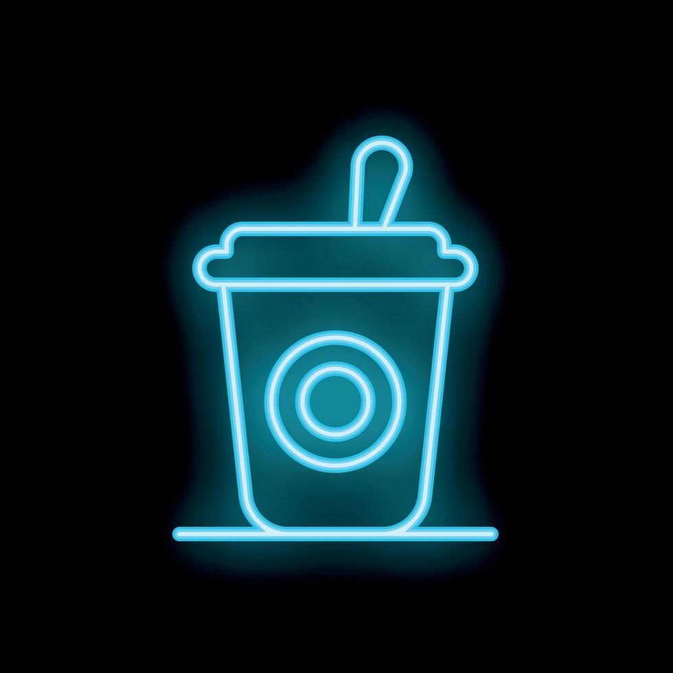 Blue neon light glowing coffee cup with straw on dark background vector