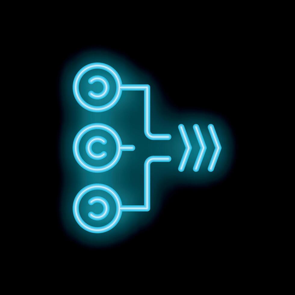 Neon style copyright transferring icon glowing on black background vector