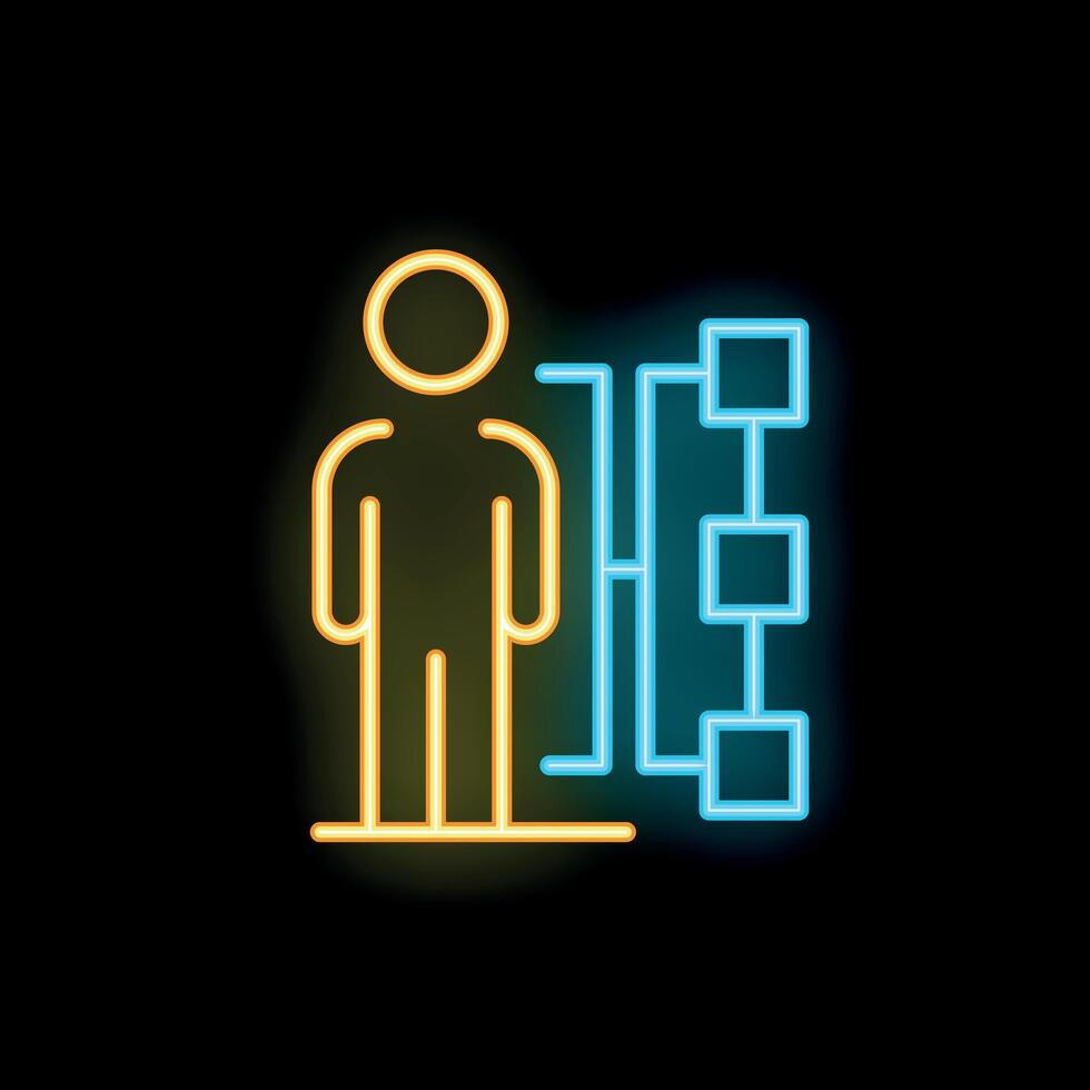 Businessman standing next to flow chart neon sign icon vector