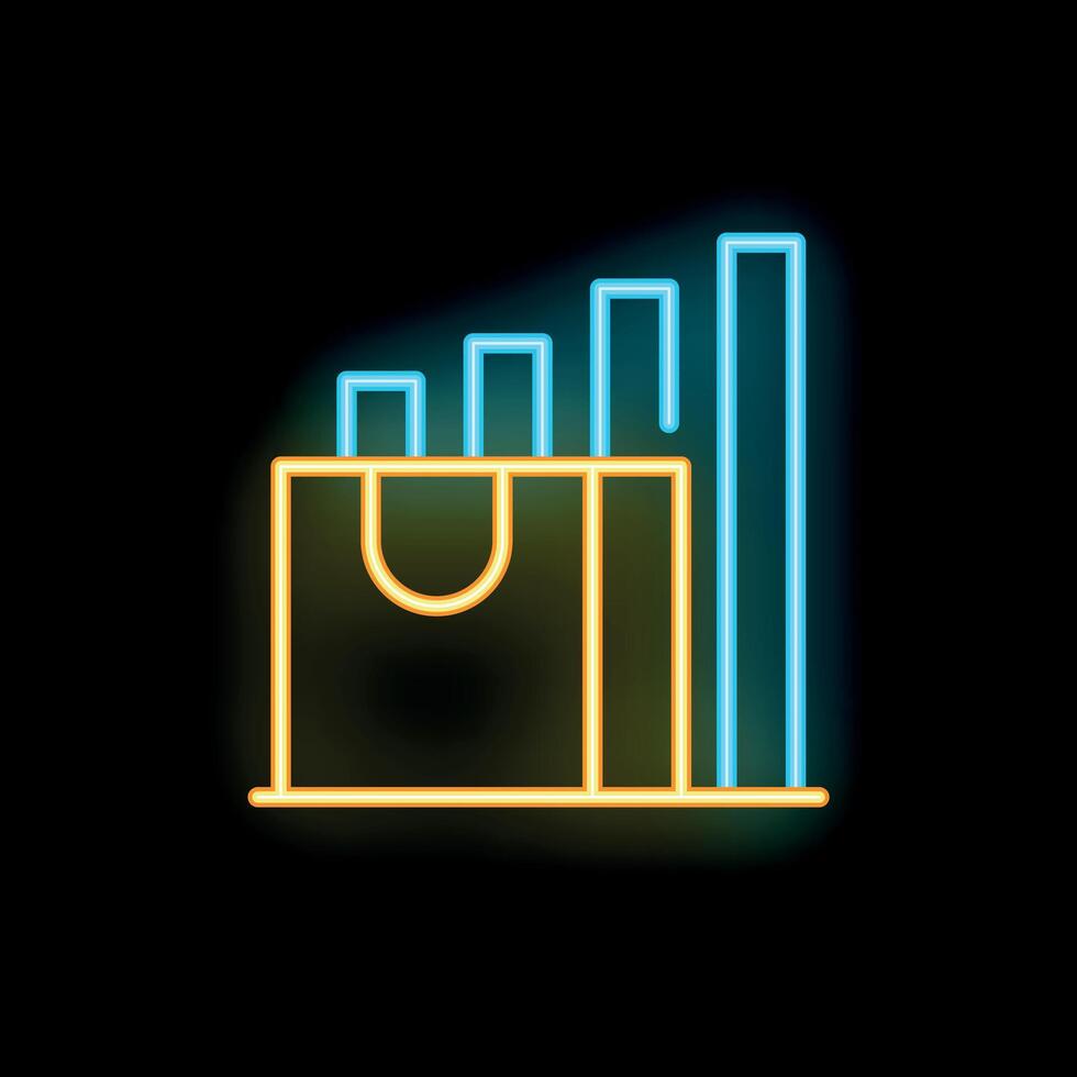 Neon icon of shopping bag showing growing sales statistics vector