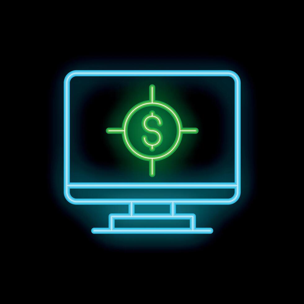 Neon icon of computer screen showing dollar sign in target crosshair vector