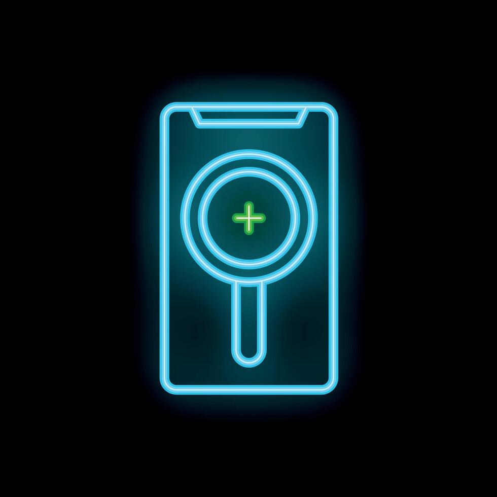 Neon magnifying glass symbol over smartphone screen displaying add new file icon vector