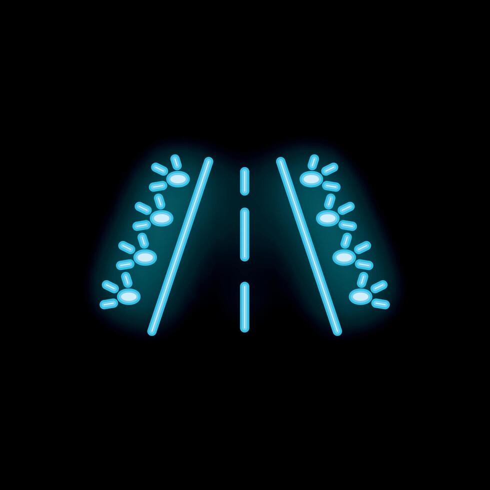 Neon blue icon of a road with lights shining down from above vector