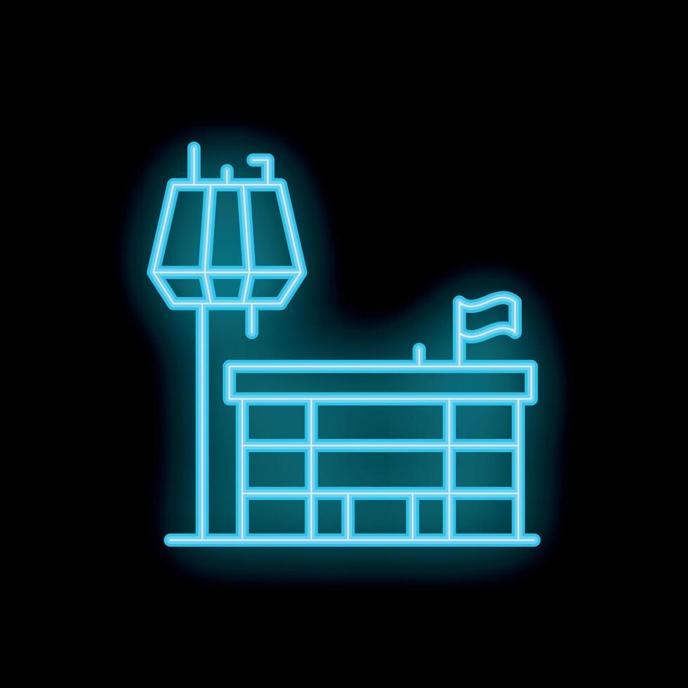 Neon style icon representing airport terminal building with control tower vector