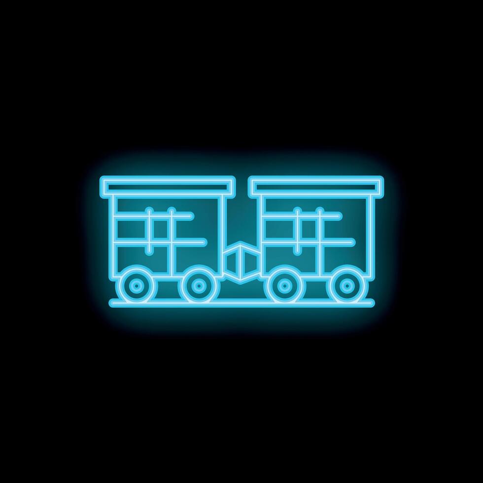 Glowing blue neon icon of a freight train moving on rails vector