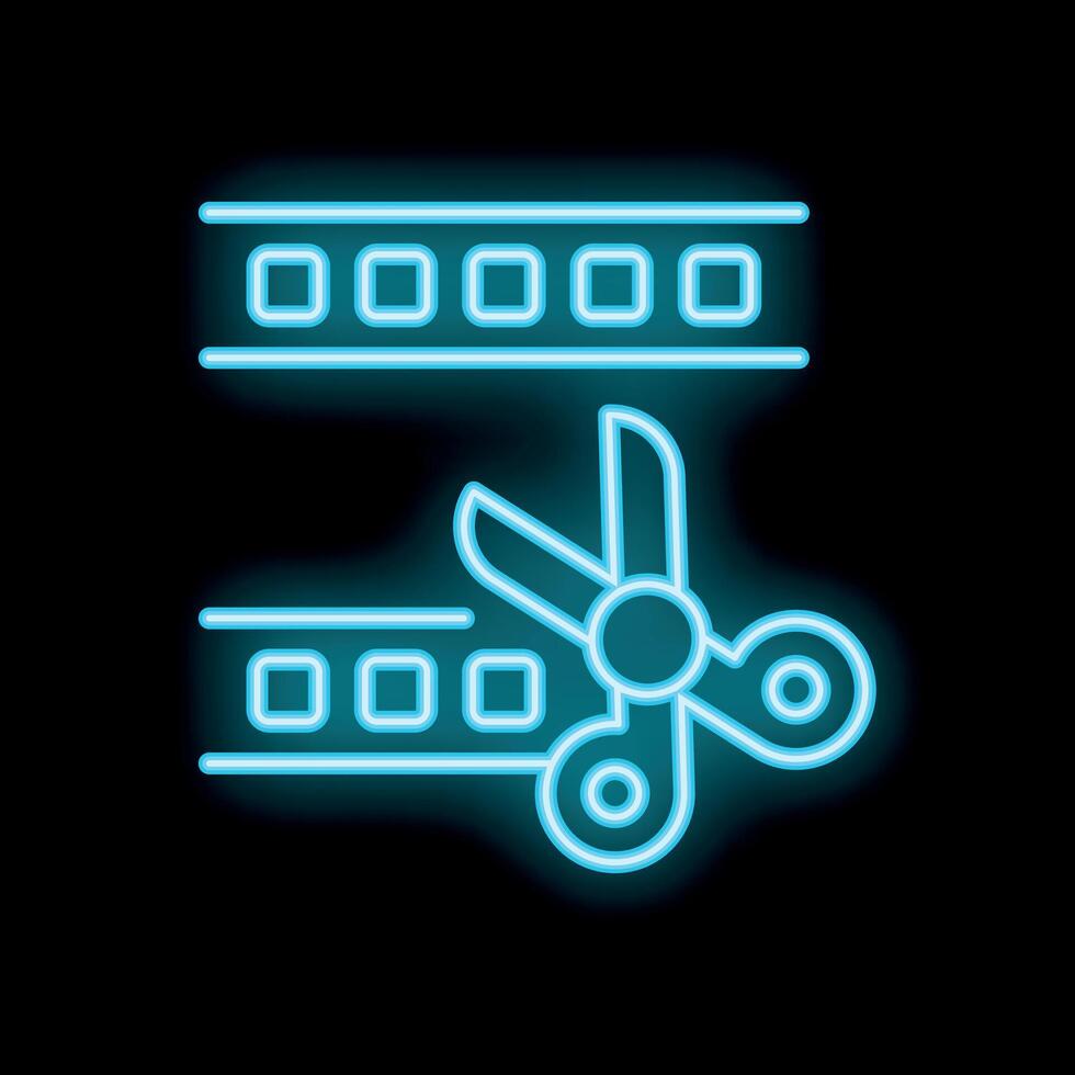 Neon blue scissors cutting film strip on black background vector