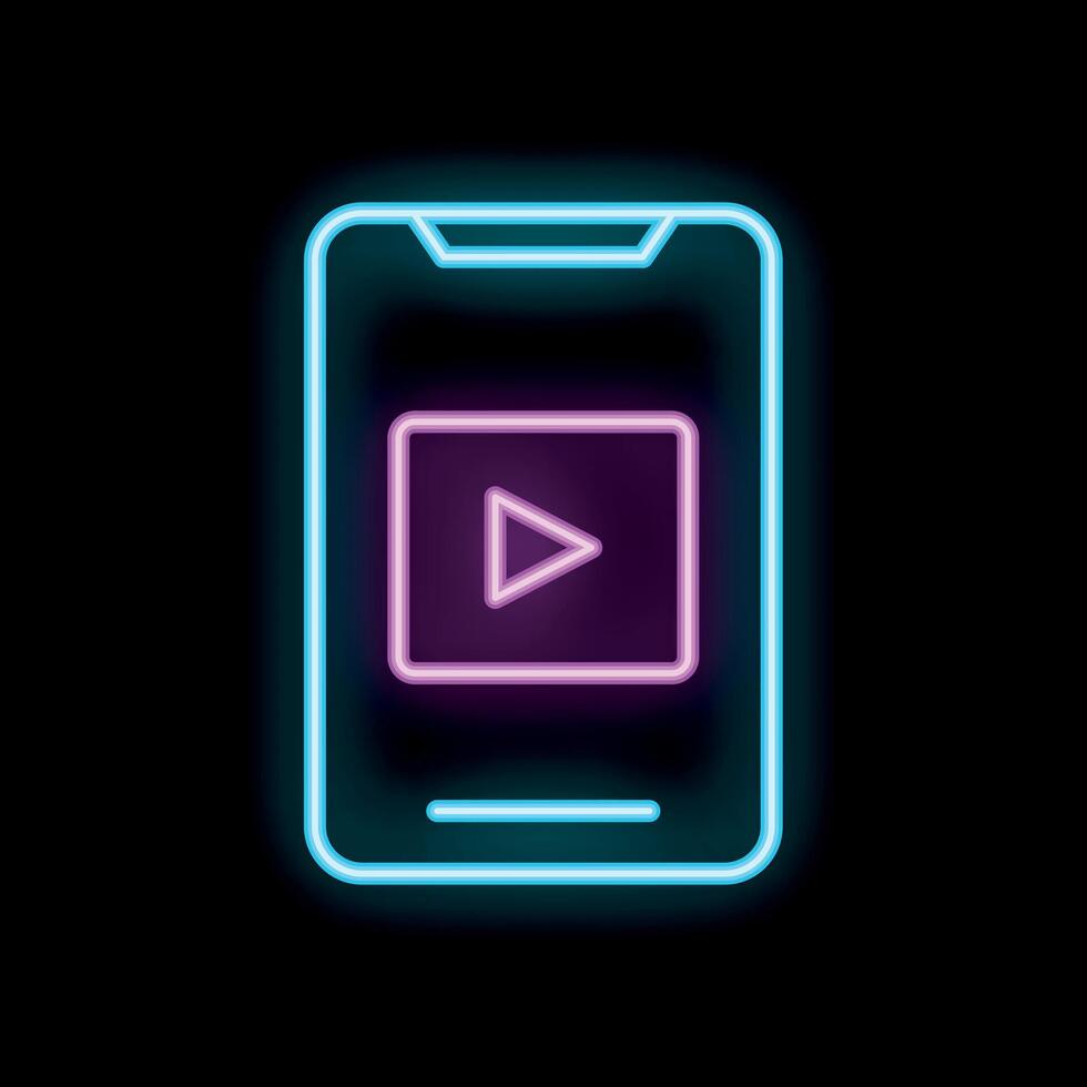Neon smartphone showing play button on black background vector