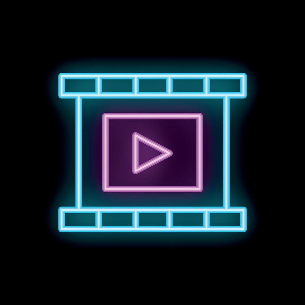 Neon sign depicting movie film with play button on black background vector