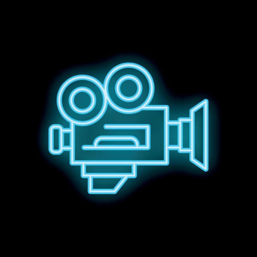 Blue neon sign showing a retro cinema camera on black background vector