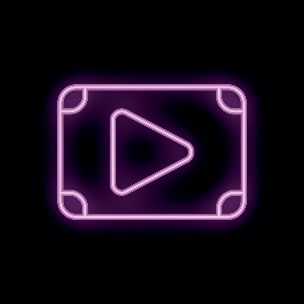 Bright pink neon sign showing a play symbol in frame on black background vector