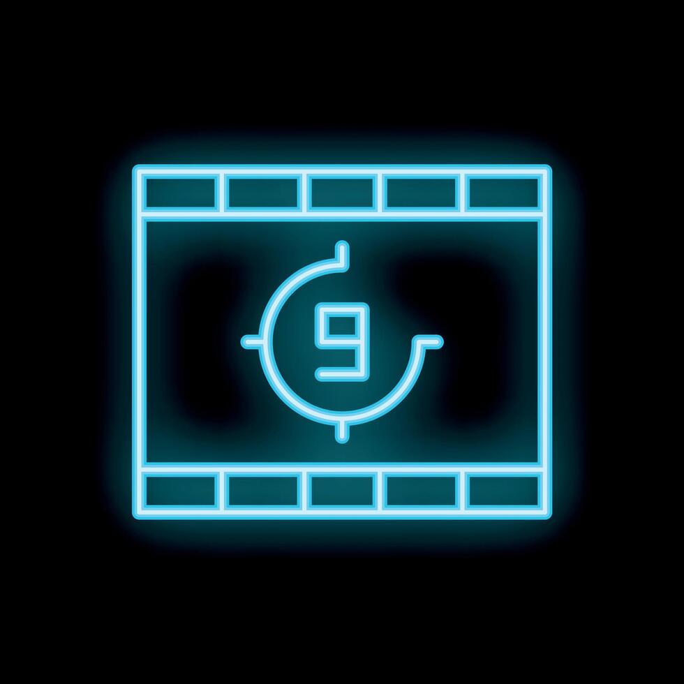 Neon blue film countdown showing number nine inside frame on black background vector