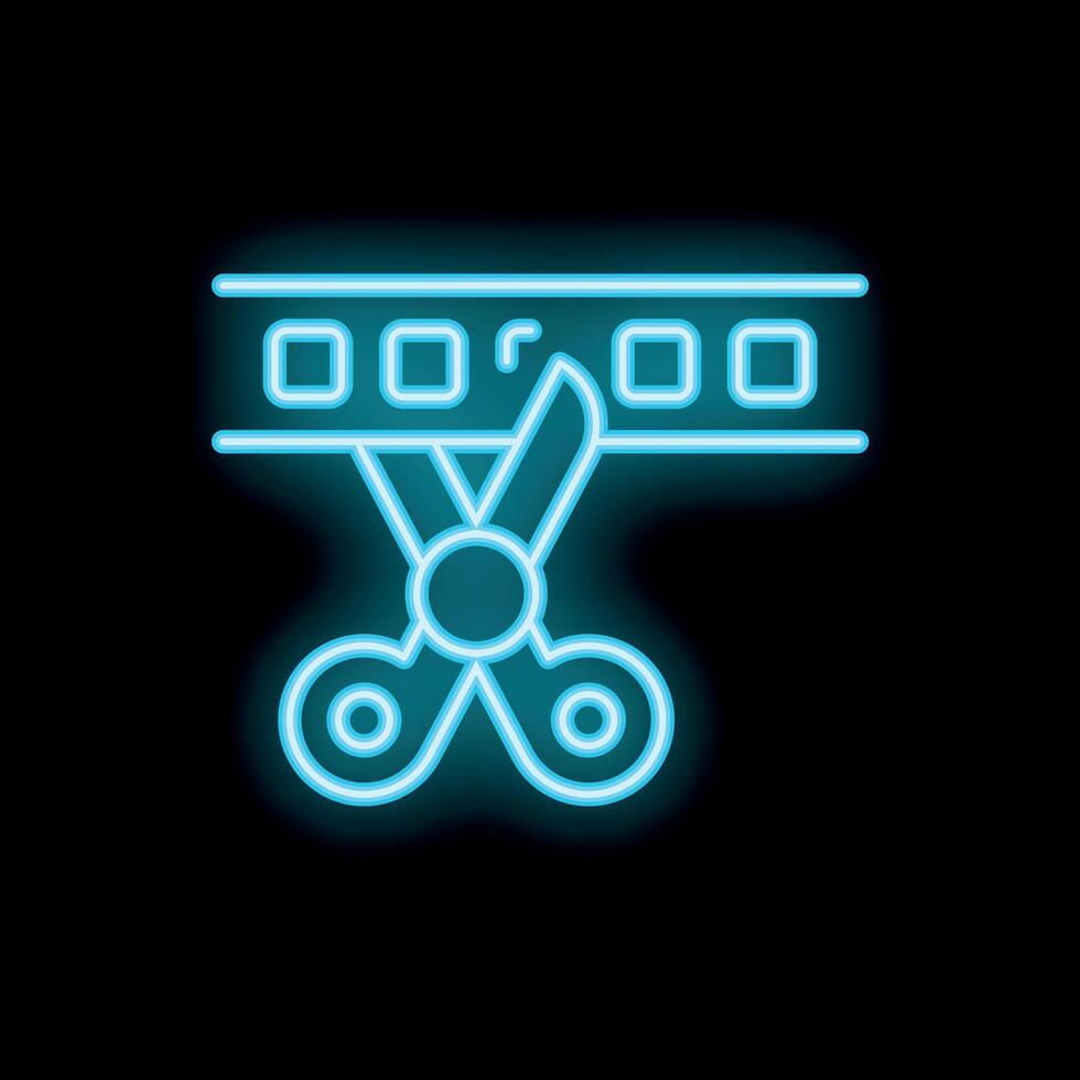 Neon sign of scissors cutting film strip for editing concept vector