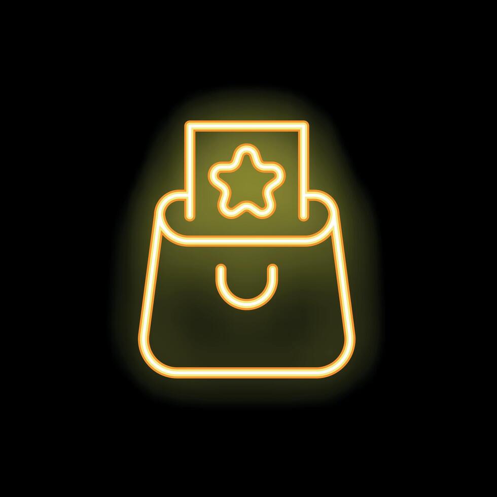 Neon yellow shopping bag with star icon on black background vector