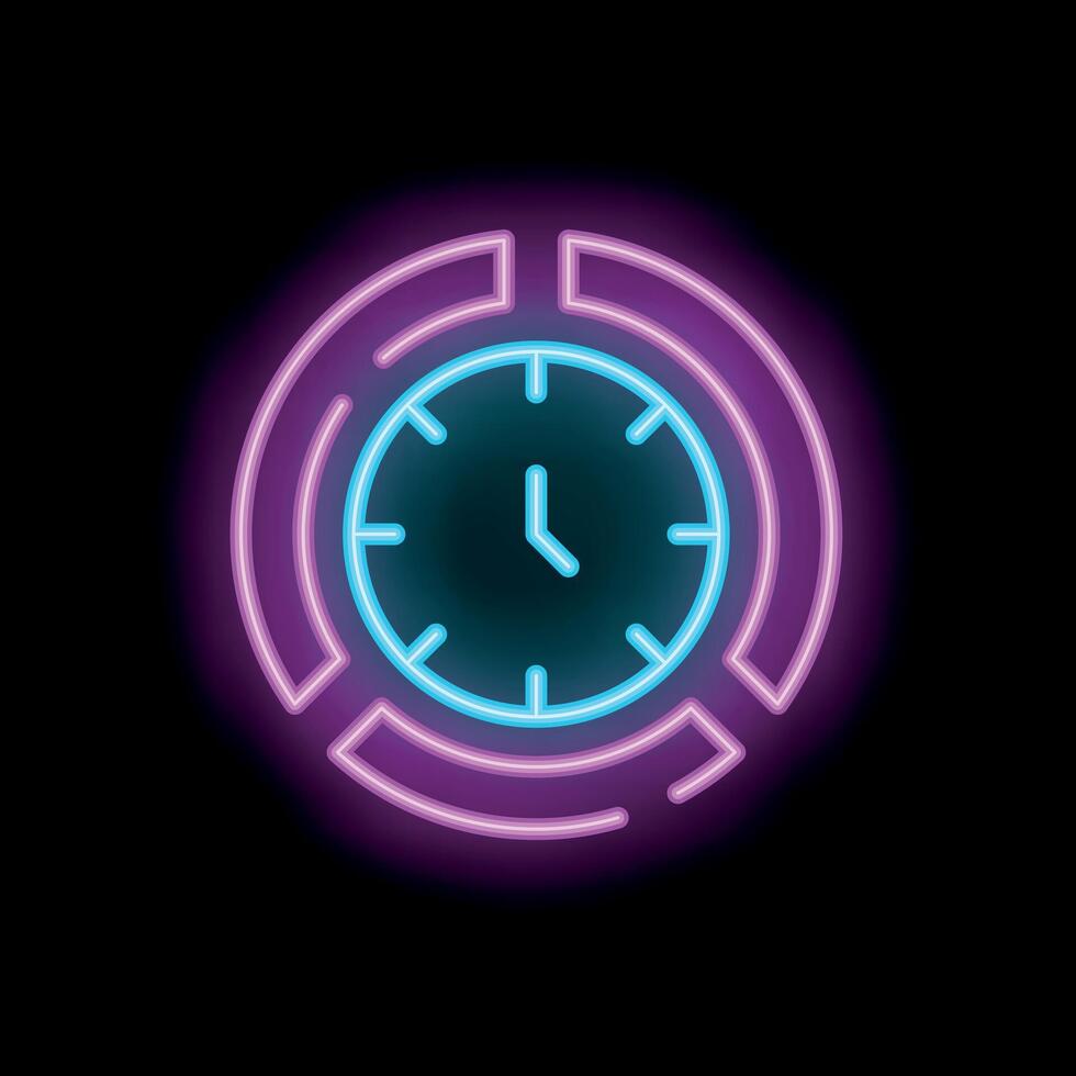 Neon clock showing time passing quickly on black background vector