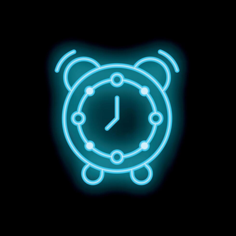 Neon blue alarm clock ringing on black background vector
