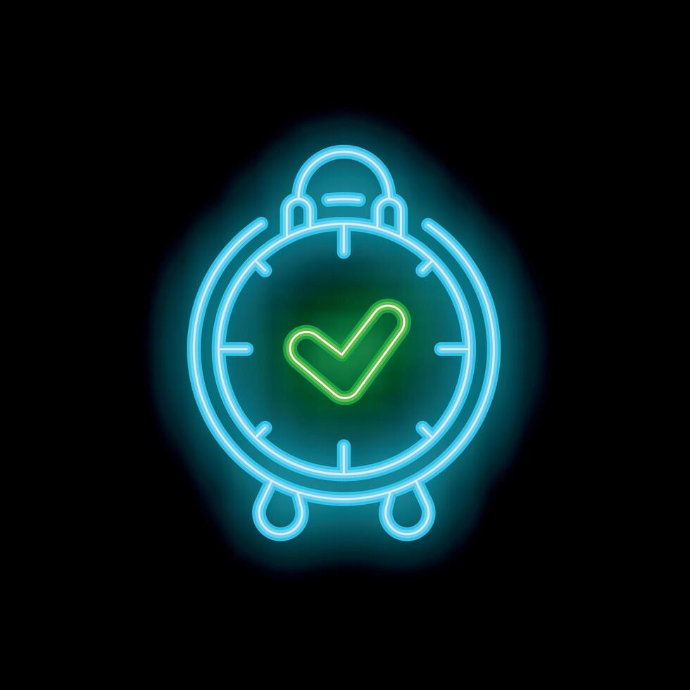 Neon alarm clock showing check mark on black background vector
