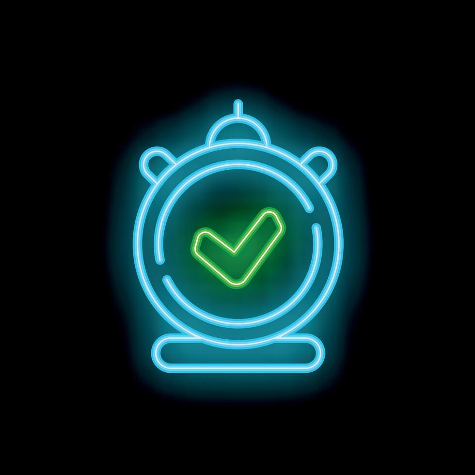 Neon icon of alarm clock showing check mark on black background vector