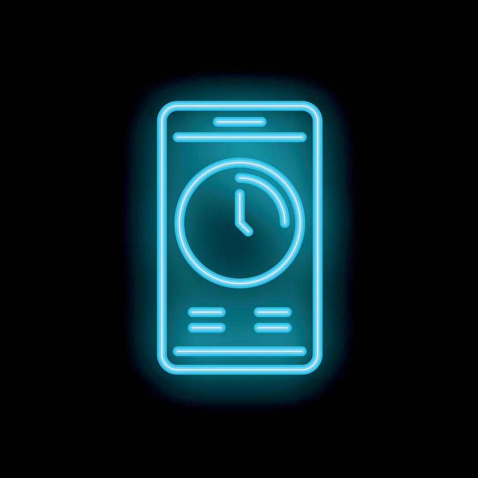 Neon sign showing smartphone displaying clock app icon on black background vector