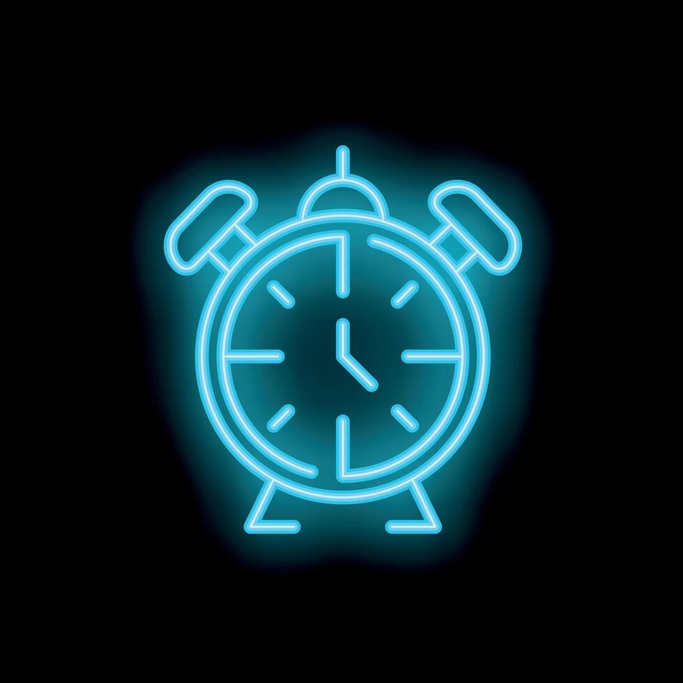 Neon blue alarm clock shining on a black background vector