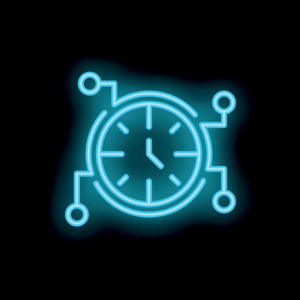 Neon clock showing time passing connected with circuit board lines vector