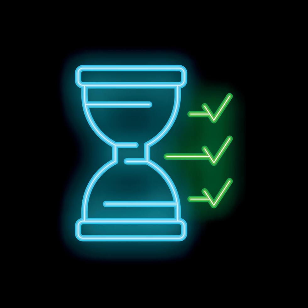 Neon hourglass showing time passing with check marks beside it vector