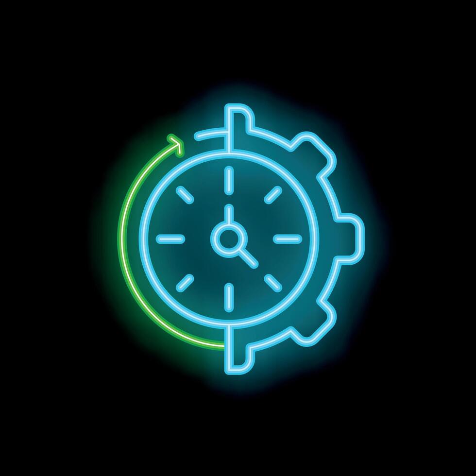 Neon sign representing time management with clock and gear vector