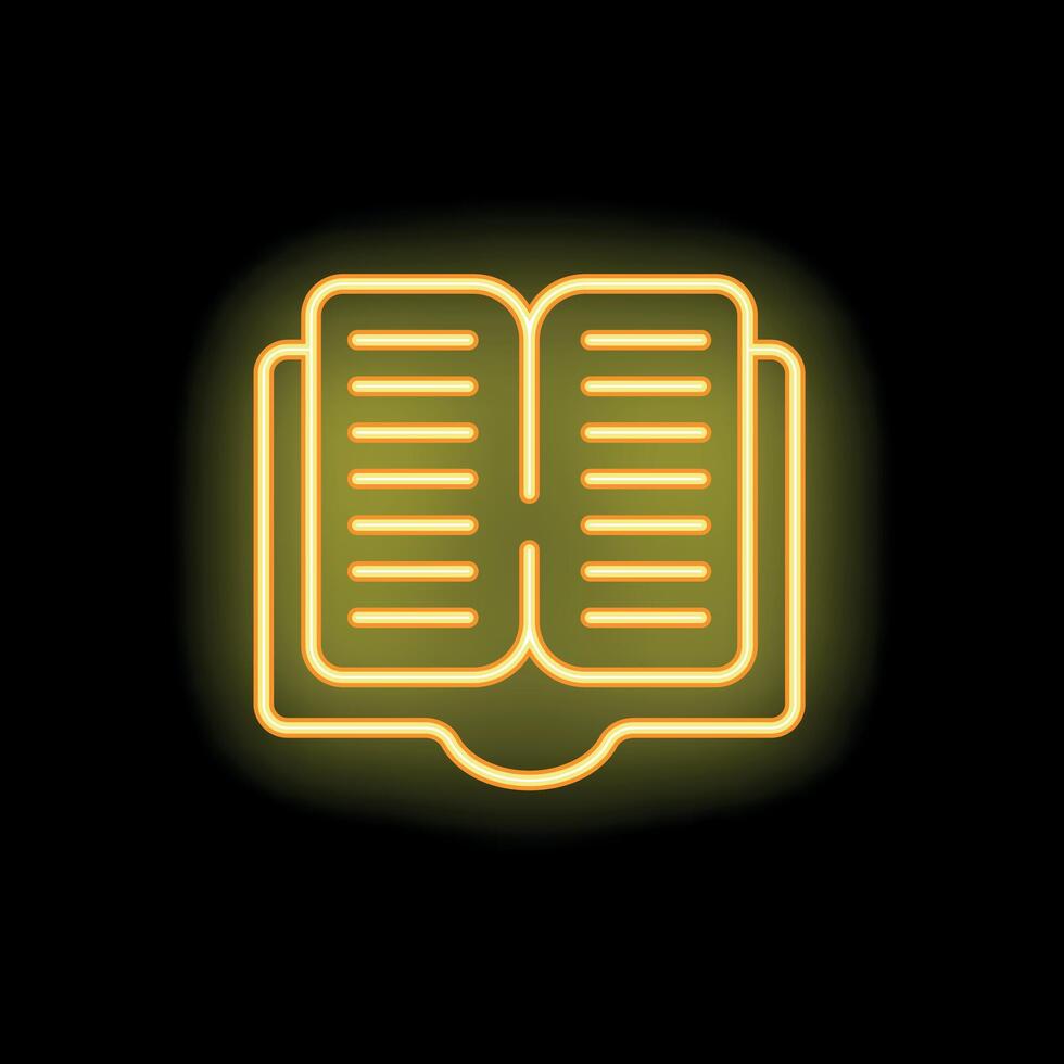 Bright yellow neon open book sign on black background vector
