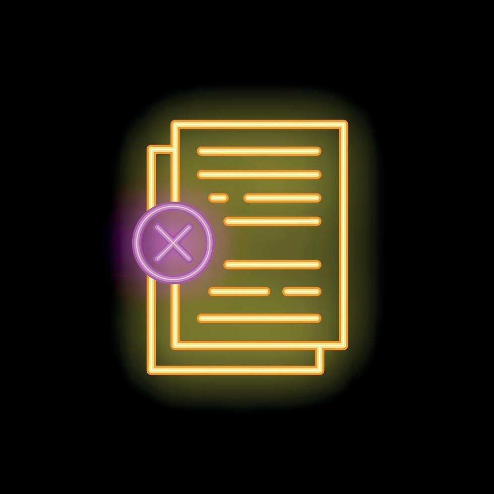 Neon icon of documents with delete sign on black background vector