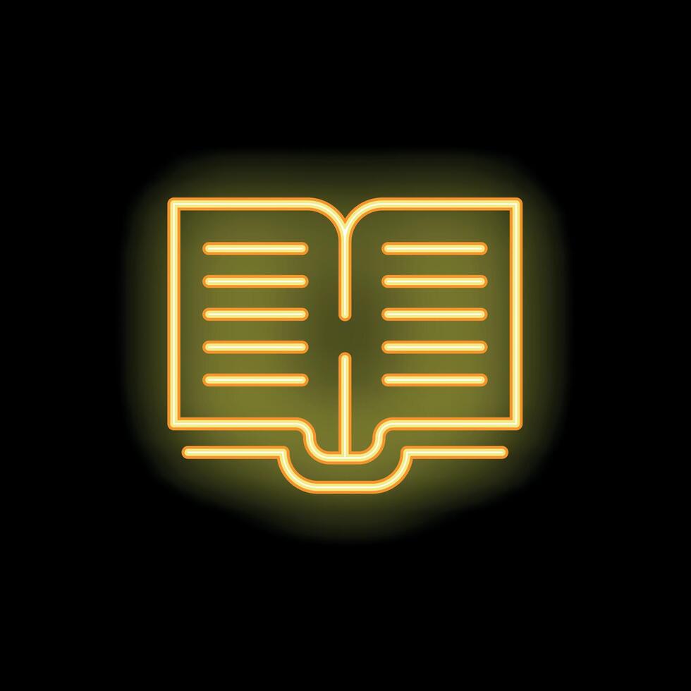 Yellow neon open book icon glowing on black background vector