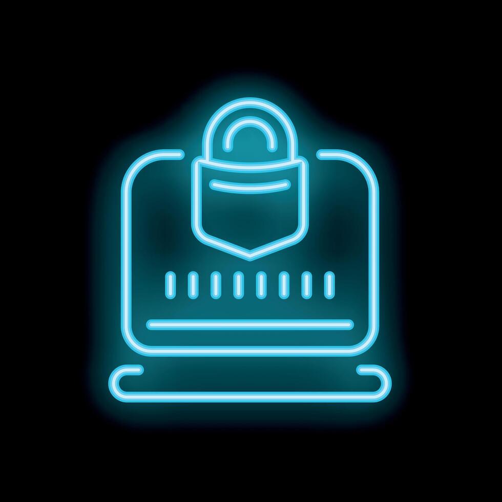 Neon cyber security icon with laptop and padlock protecting user data vector