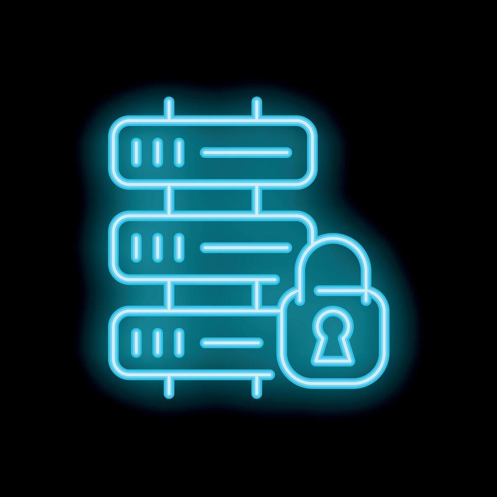 Neon server icon showing data security with padlock symbol vector