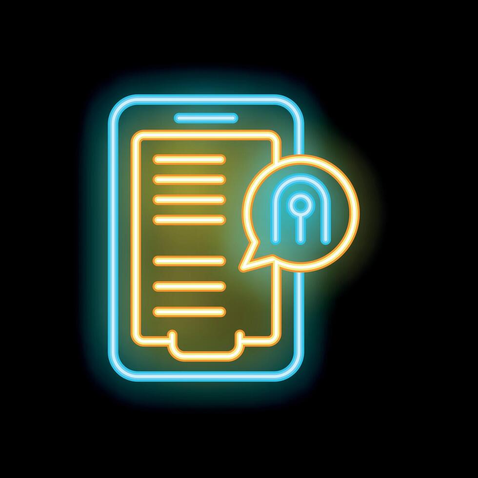 Neon icon of smartphone showing fingerprint access request on black background vector