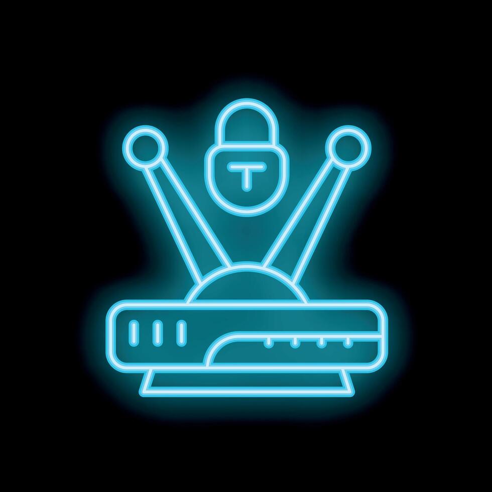 Neon icon of wifi router being secured with padlock showing internet security concept vector