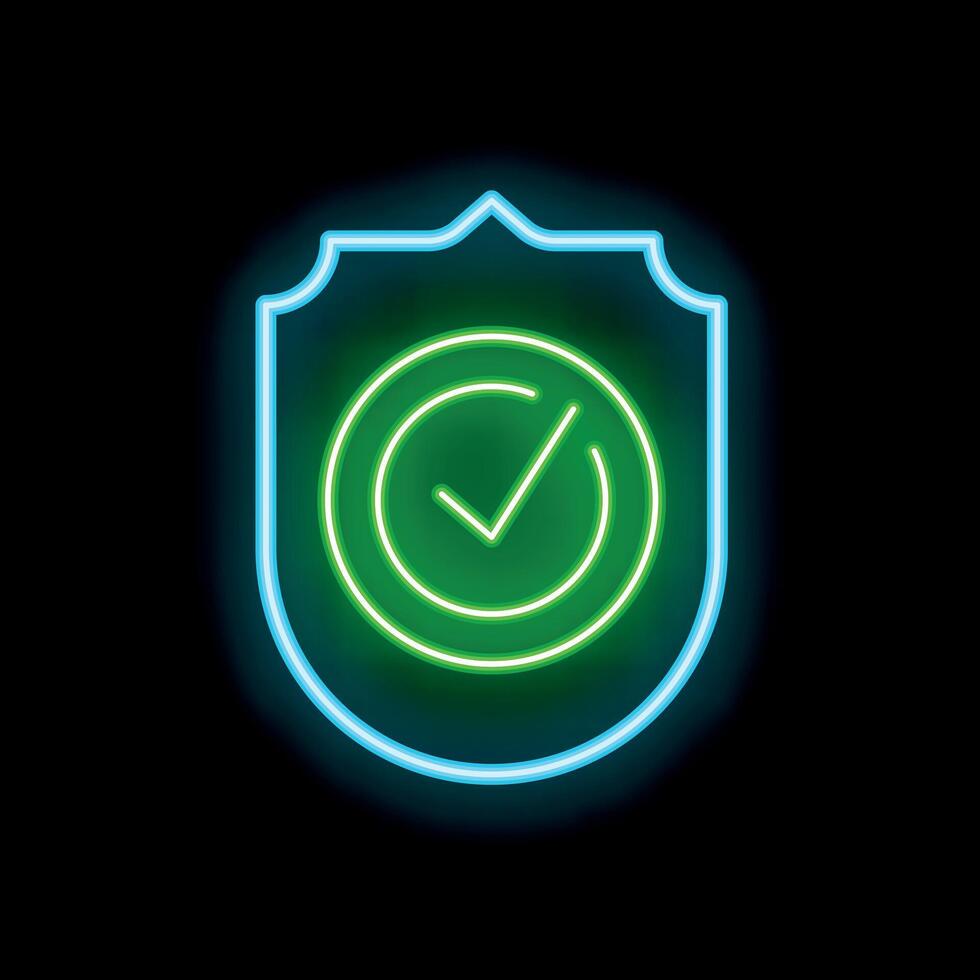 Neon shield showing green check mark on black background vector