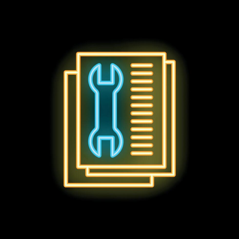 Neon icon of technical documentation showing a wrench on paper vector