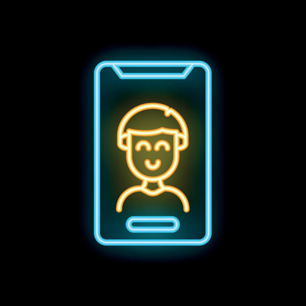 Neon sign representing call with happy person on smartphone vector