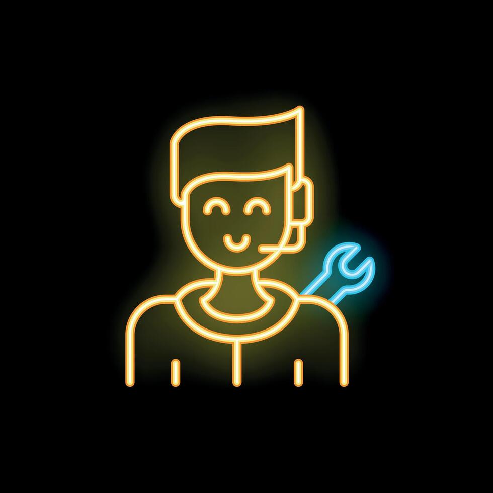Smiling mechanic wearing headset giving technical support online neon sign vector