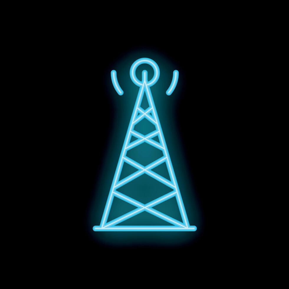 Neon style icon of telecommunication tower transmitting signal vector