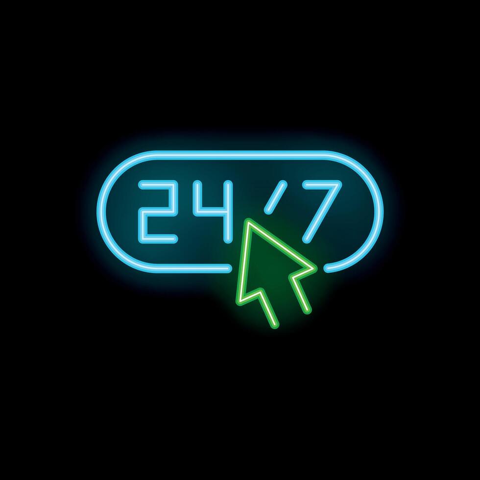 Neon twenty four seven 24 7 availability sign with mouse clicking vector