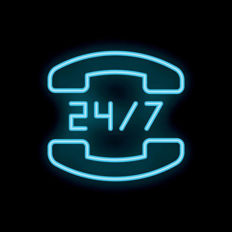 Neon telephone sign showing 247 availability on black background vector
