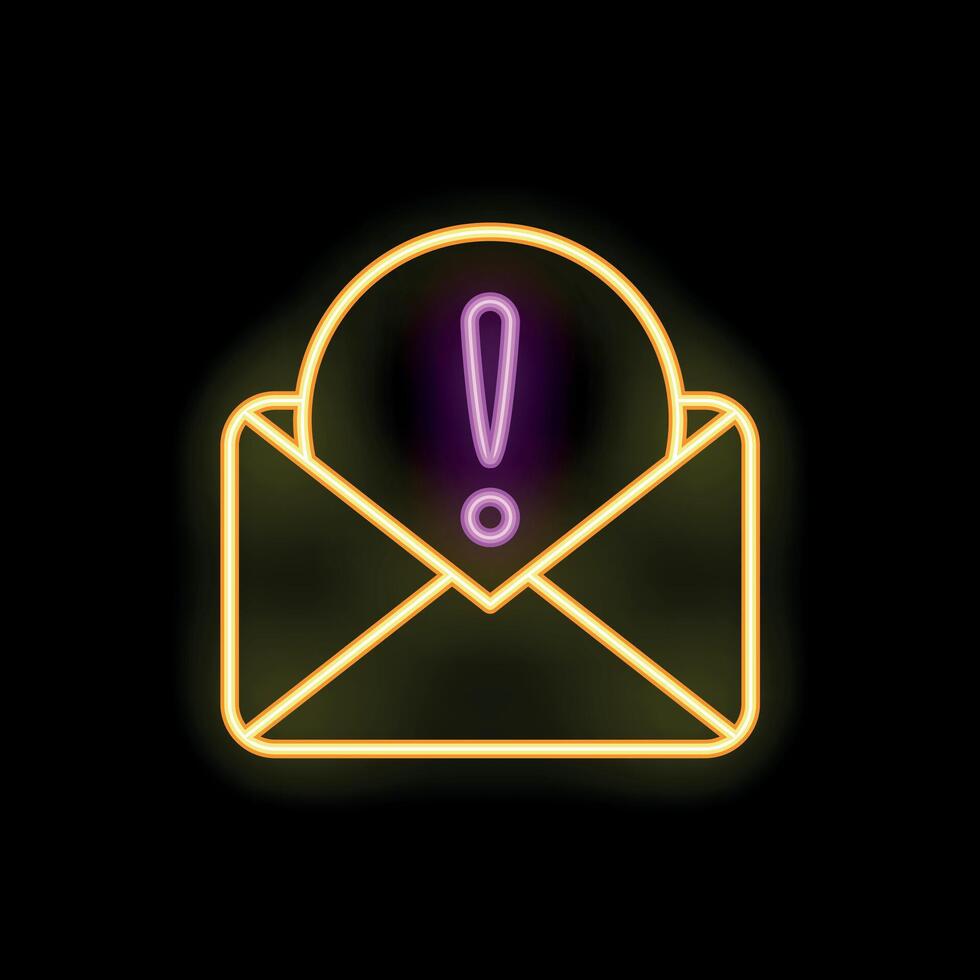Neon envelope icon showing an exclamation point for new message notification vector