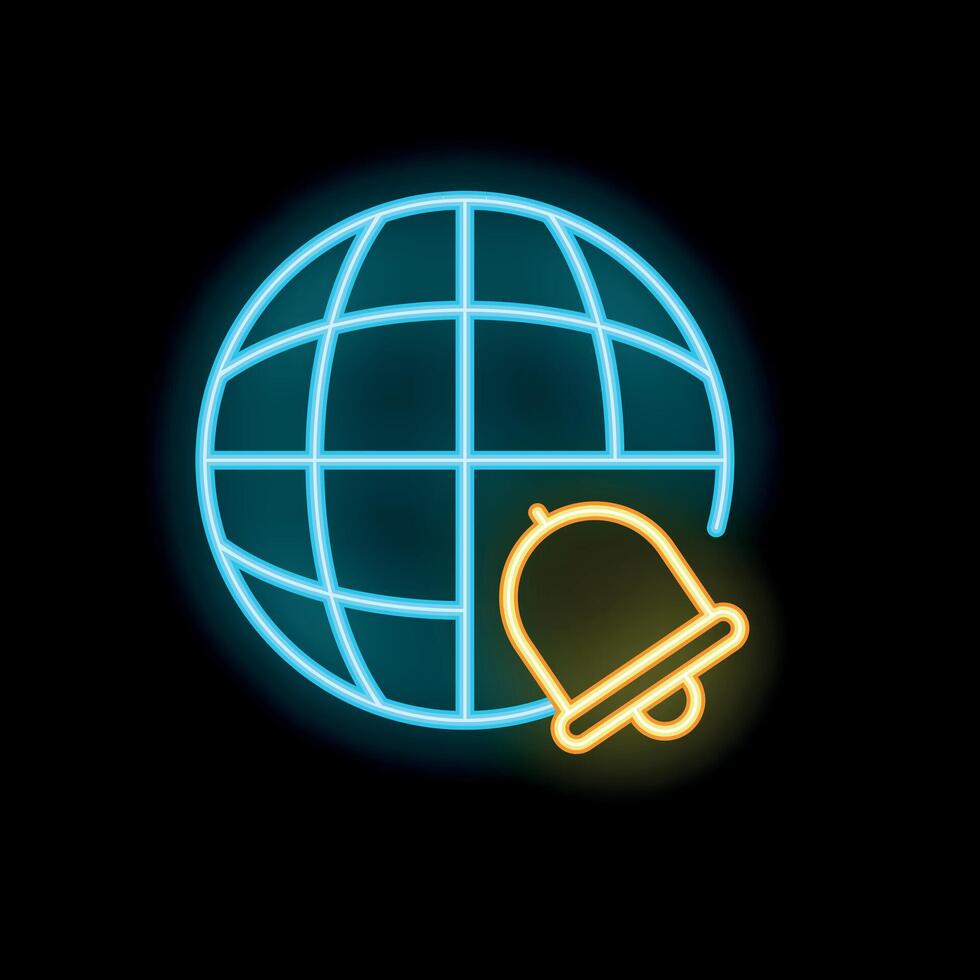 Neon icon of a bell ringing over a world grid representing global notification vector