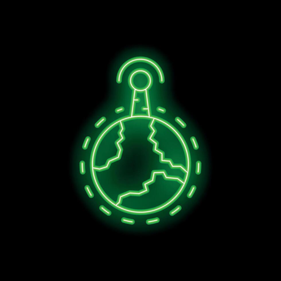Green neon sign showing radio tower emitting wifi signal over cracked earth vector