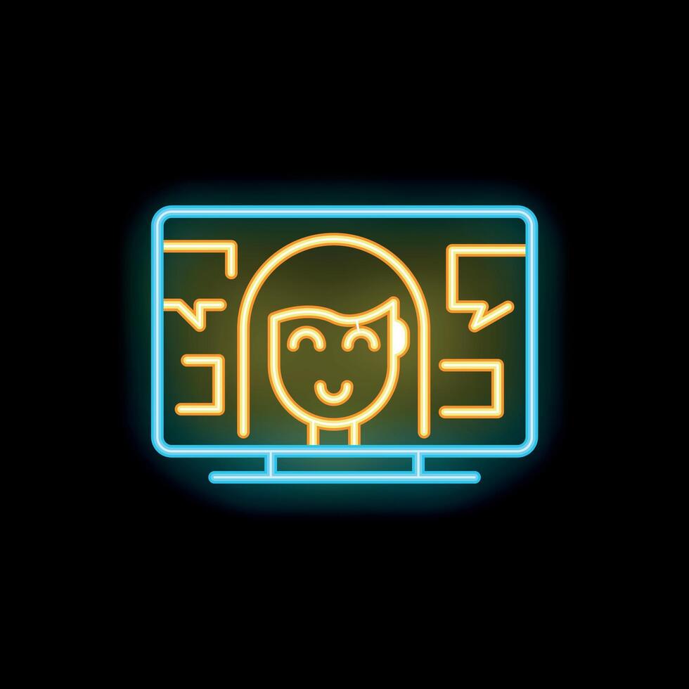 Neon sign showing woman leading conference on computer screen vector