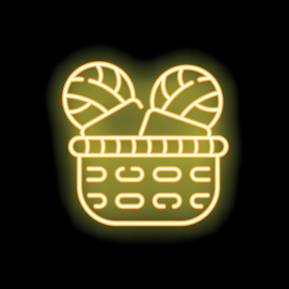 Neon sign of basket overflowing with yarn balls for knitting and handicrafts vector